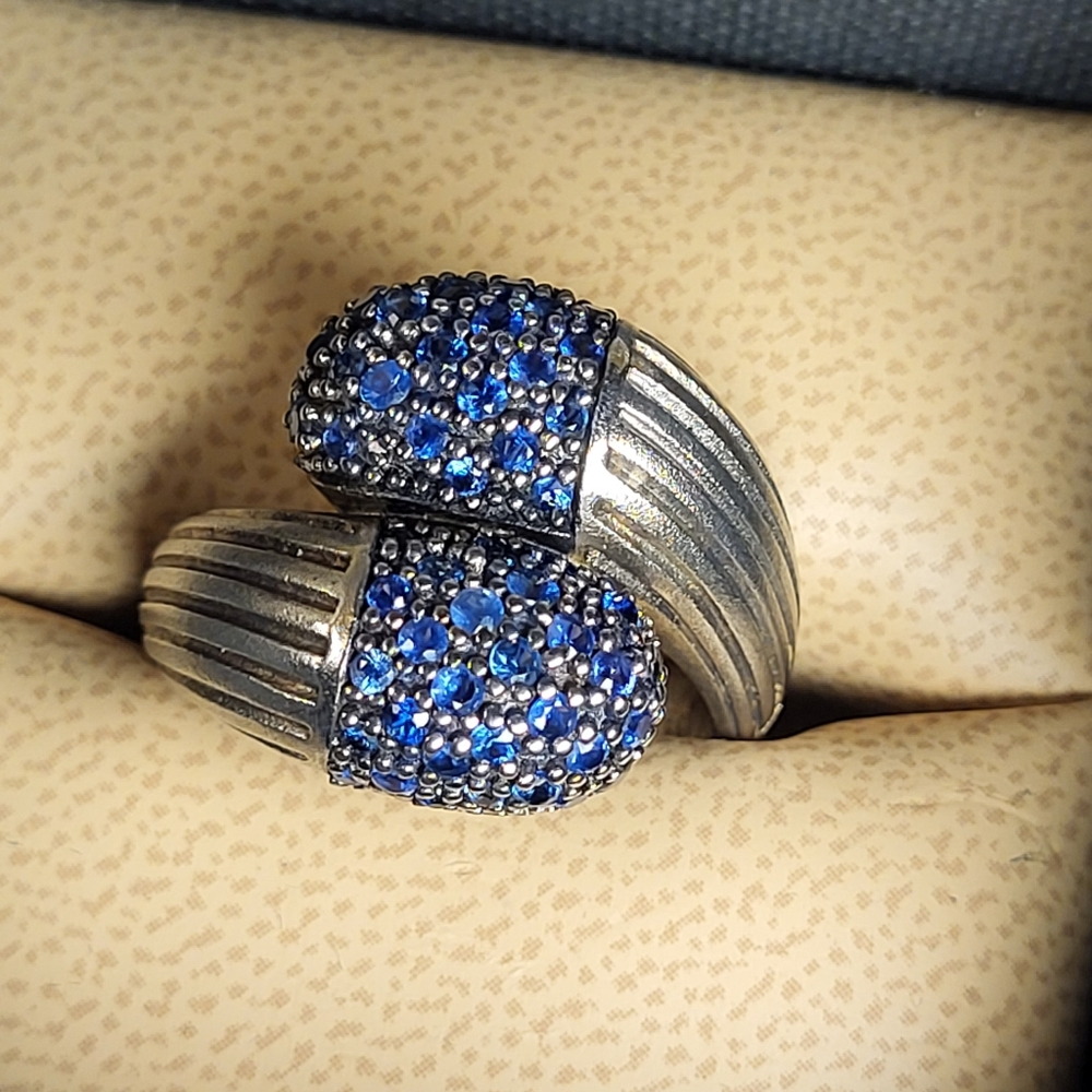 EFFY Genuine Sapphire Pavé Set In Rhodium Over Sterling Silver Bypass Ring Sz9